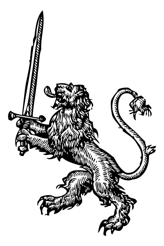 A heraldic lion holding a sword